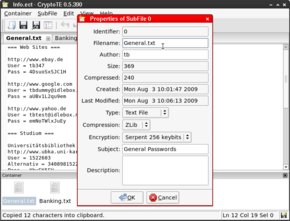 In this properties dialog many option like the compression algorithm and encryption cipher can be chosen for a subfile.