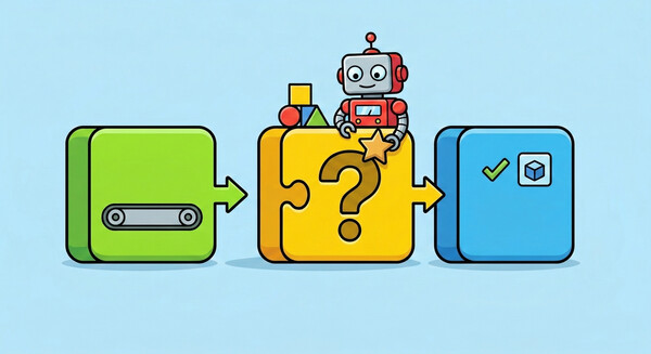 Three interlocking puzzle pieces showing an automated testing pipeline: green code input, yellow robot testing with a question mark, and blue verified output with a checkmark