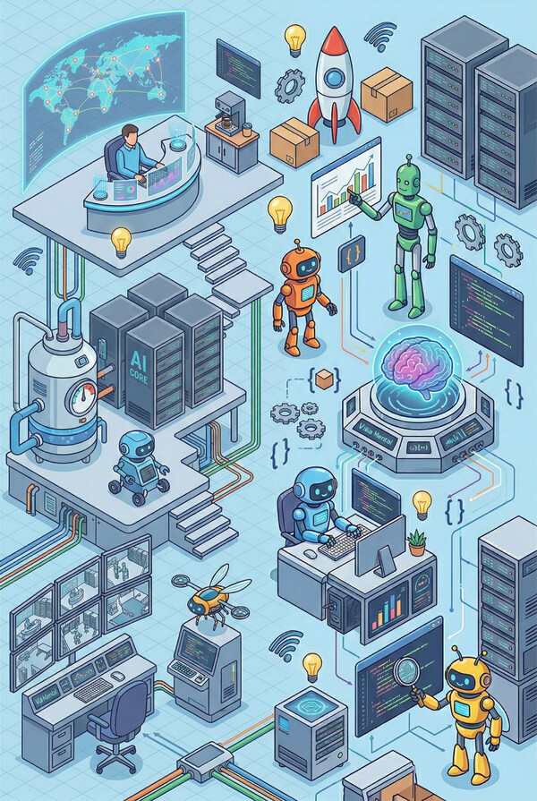 Isometric illustration of a tech workspace where multiple robots code at desks alongside servers and screens, with one human at a control station overseeing the operation
