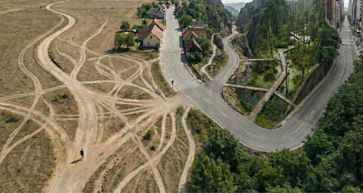 Dirt roads next to a paved city -- illustrating path dependency