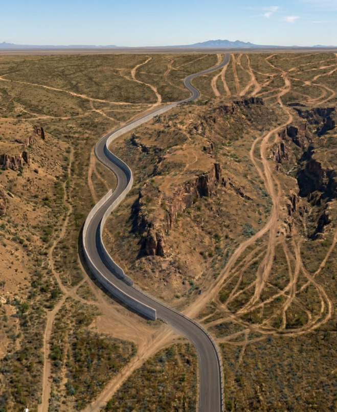 Aerial view of a paved road winding through a desert canyon with dirt trails branching off on both sides, a metaphor for guardrails keeping agents on the right path